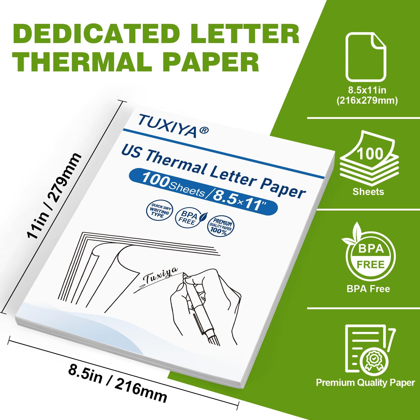 TUXIYA 100 Sheets Thermal Printer Paper 8.5 x 11 Inch,BPA 100 Sheets, White