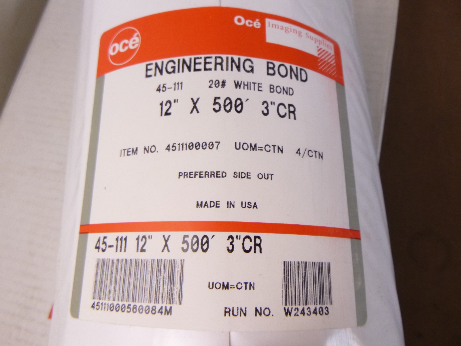 Oce 12″ x 500′ 3″ CR Core 4511100007 20lb White Engineering Bond Paper – 4 Rolls