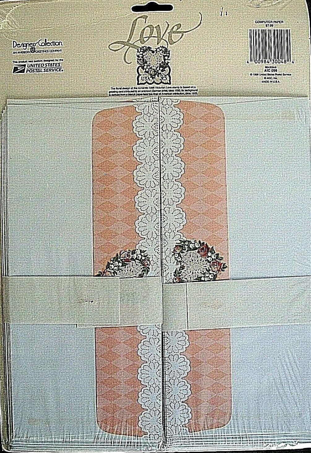 Victorian Valentine Love Stamp Computer Stationary Sheets & Envelopes USPS 1999