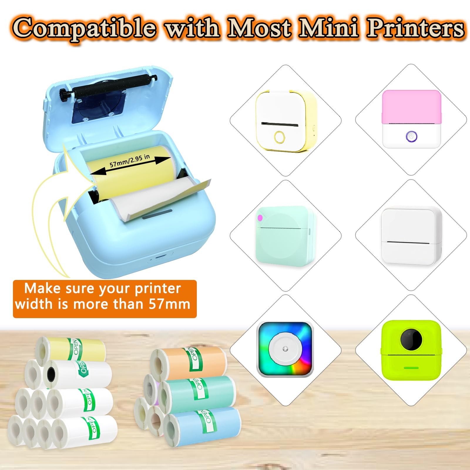 Mini Printer Sticker Paper 16 Rolls 57x25mm – 7 Colored, 8 White, 1 Transparent