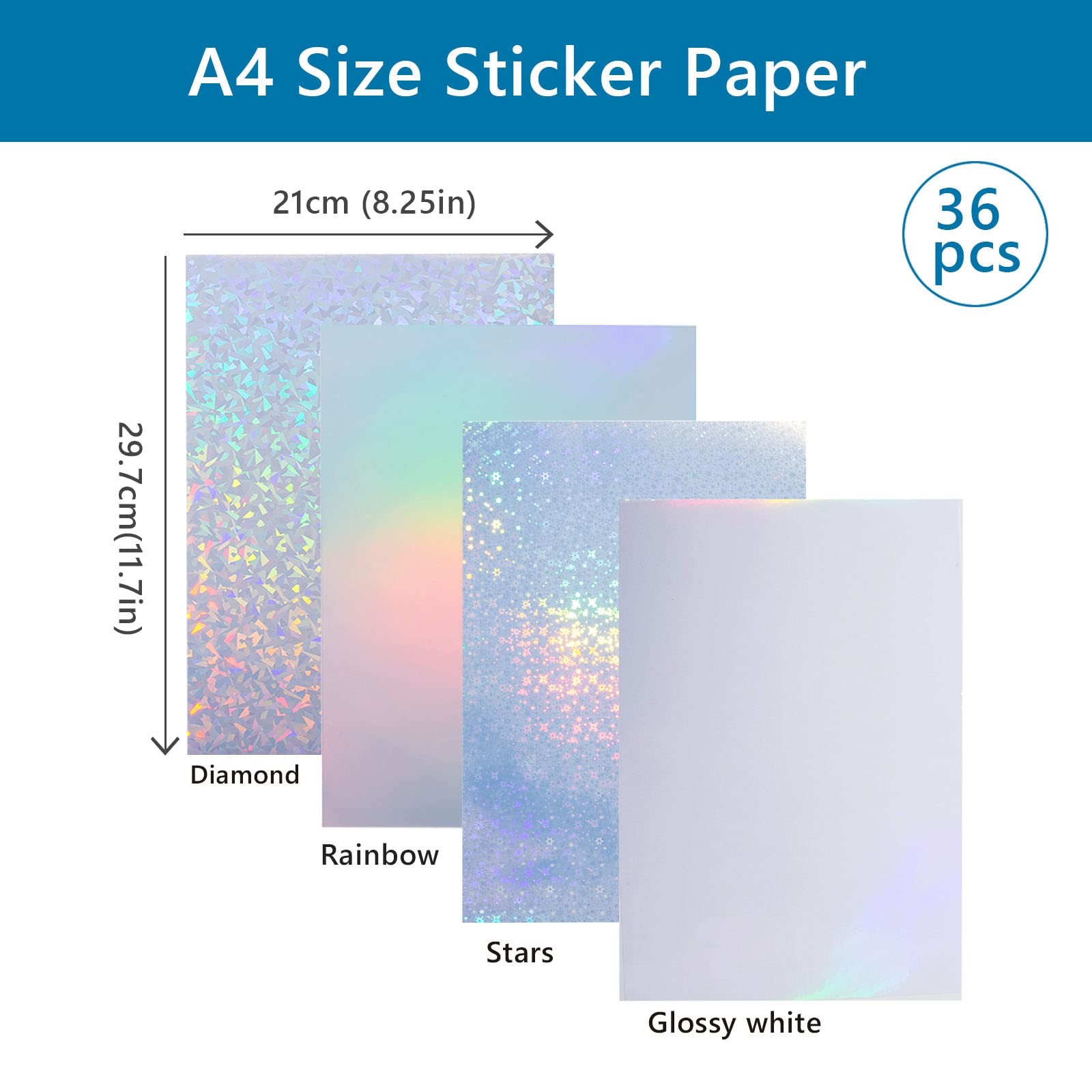 36 Sheets Vinyl Printable Sticker Paper A4 Size (8.25″ x 11.7″) Glossy Hologr…
