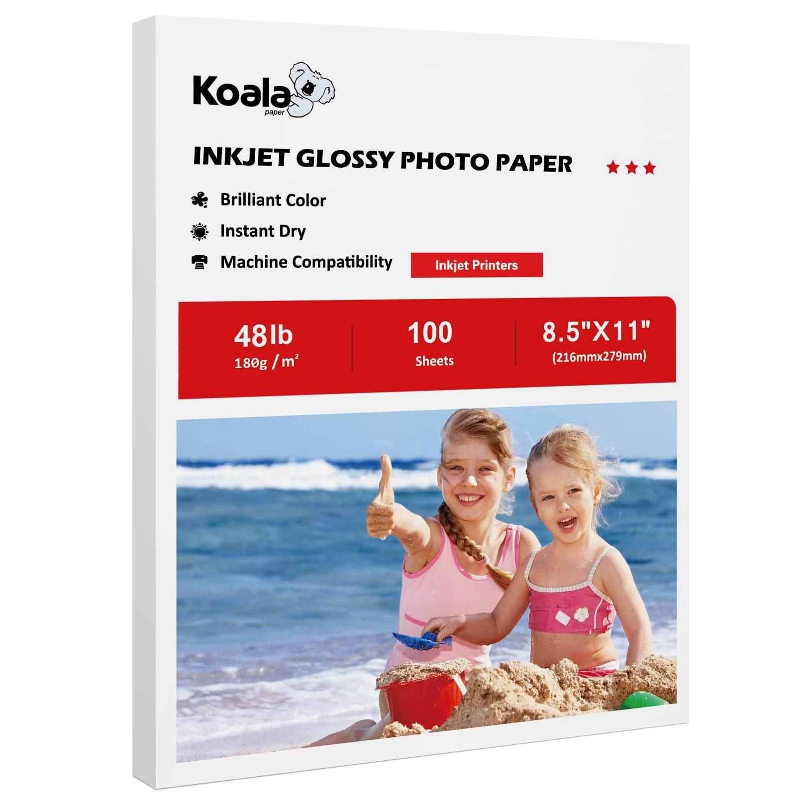 Koala Glossy Inkjet Photo Paper 8.5×11 Inch 48lb 180GSM Dye Ink 100 Sheets