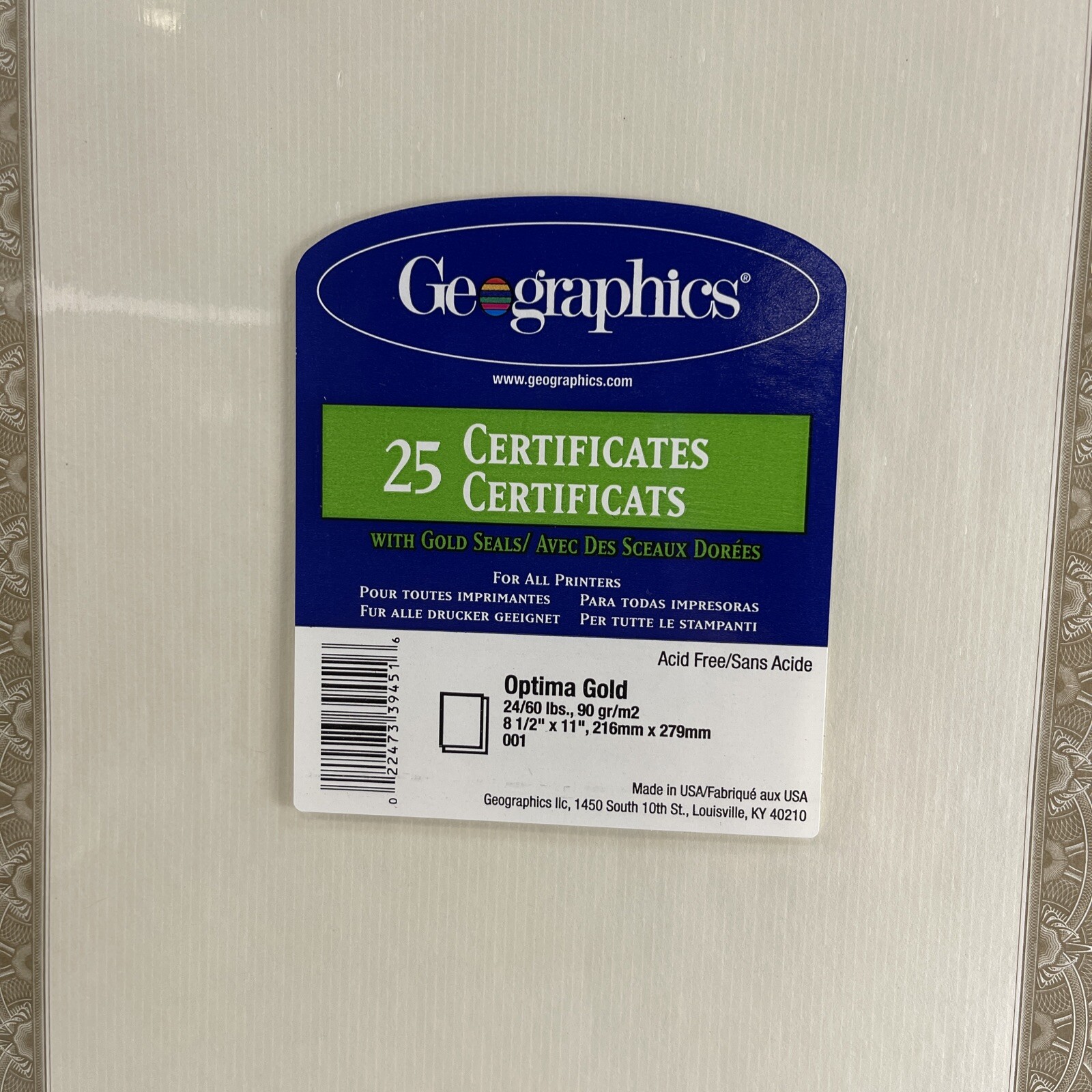 2 -25 Ct Geographics Unique Blue Certificates & Optima Gold & Seals 8-1/2″ x 11″