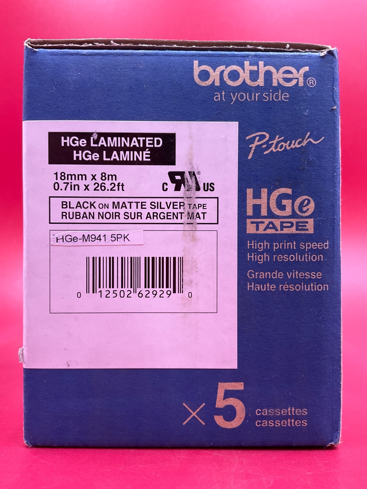 Brother P-Touch HGe Adhesive Tape Cassette 18mm Black on Matte Silver 5 pack