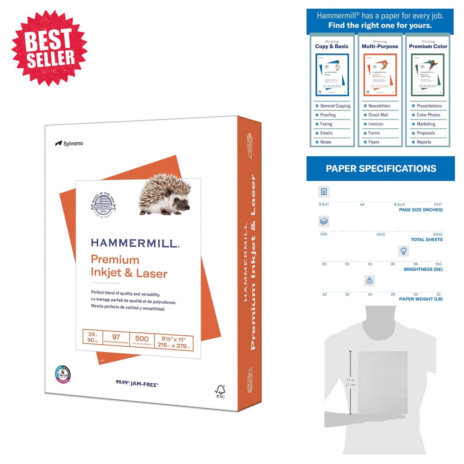 High-Quality 8.5×11 Printer Paper – 500 Sheets, ColorLok Technology, Acid-Free