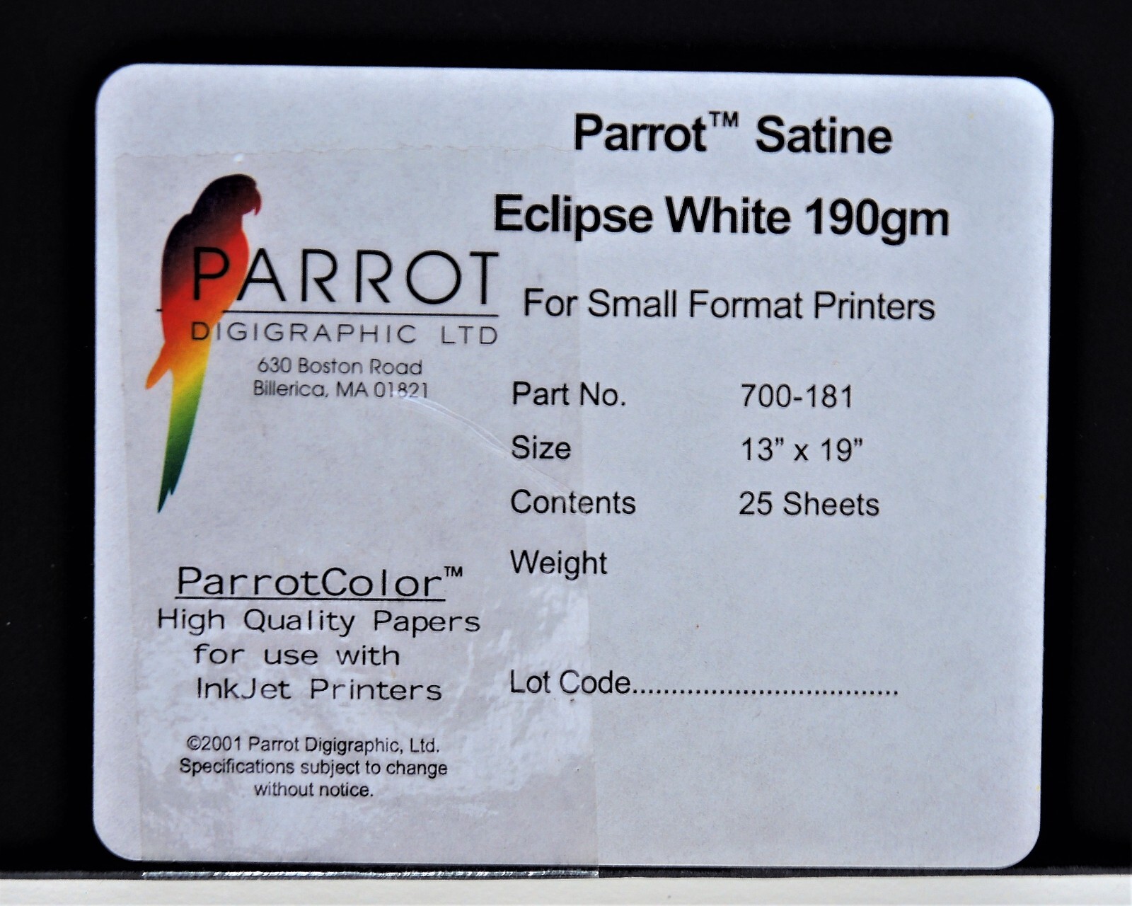 PARROT (BRIGHTCUBE?) SATINE ECLIPSE WHITE 190GM 13″ X 19″ 25 SHEETS INKJET PAPER