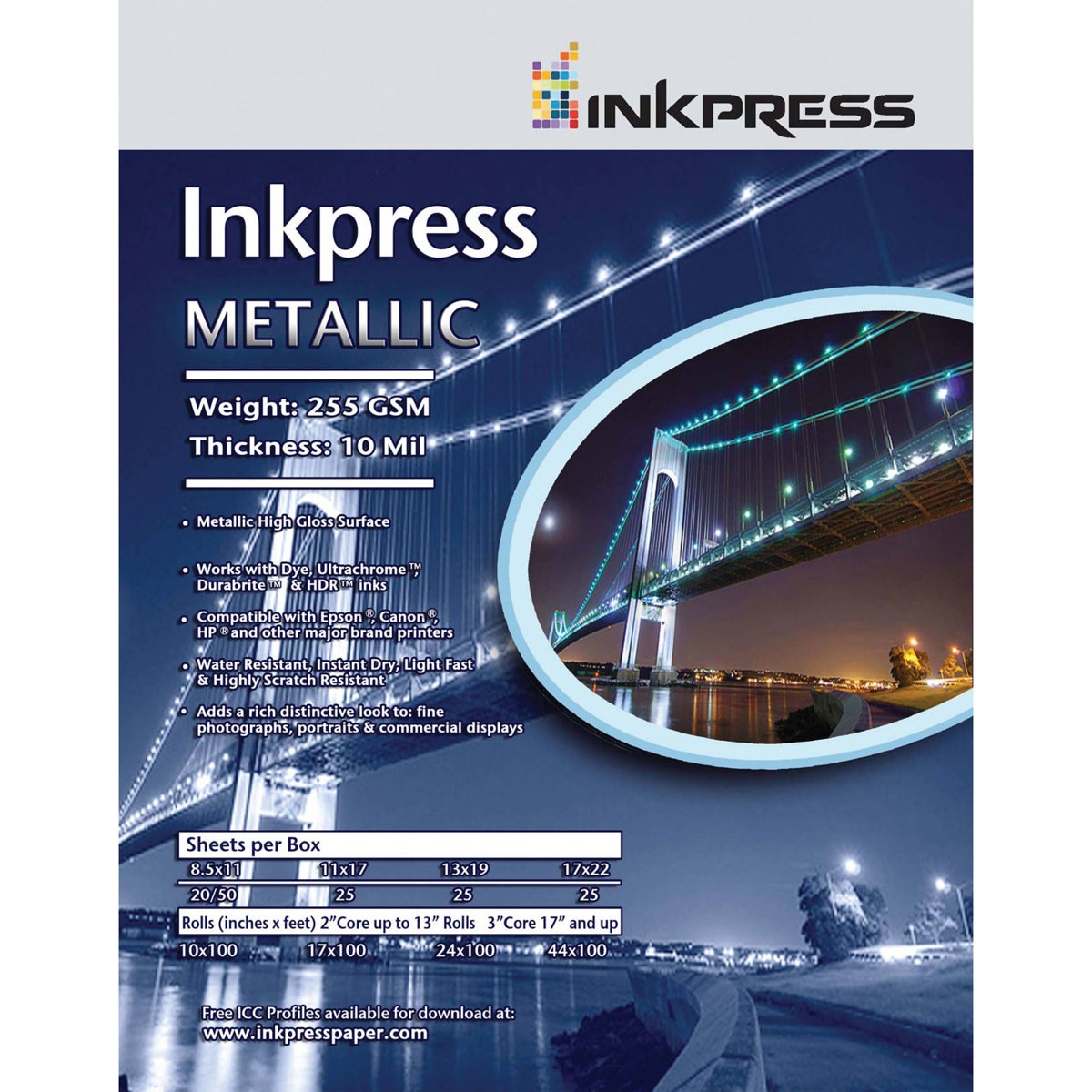 Inkpress Metallic Gloss Inkjet Paper, 255 gsm, 10 mil, Metallic Glossy Surface,