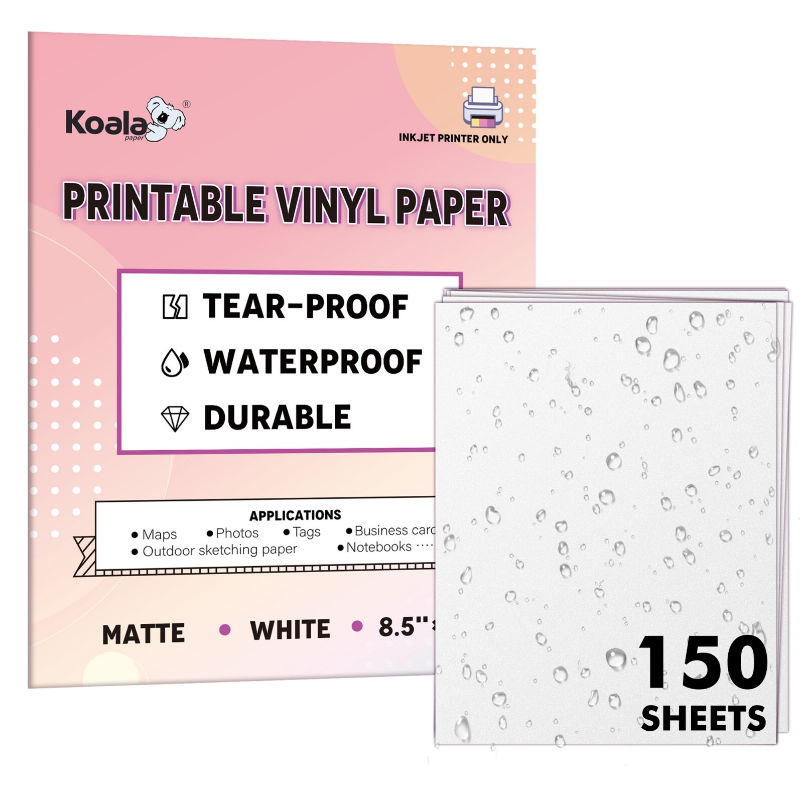 Koala Waterproof Printable Vinyl Printer Paper 8.5×11 Matte White Inkjet 150Pk