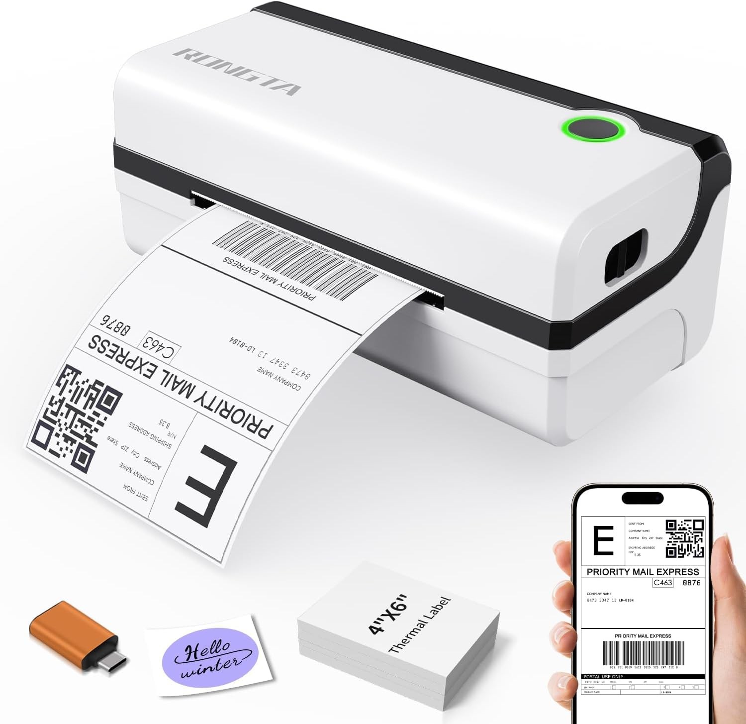 Rongta Bluetooth Thermal Shipping Label Printer, Wireless 4×6 Small, Black