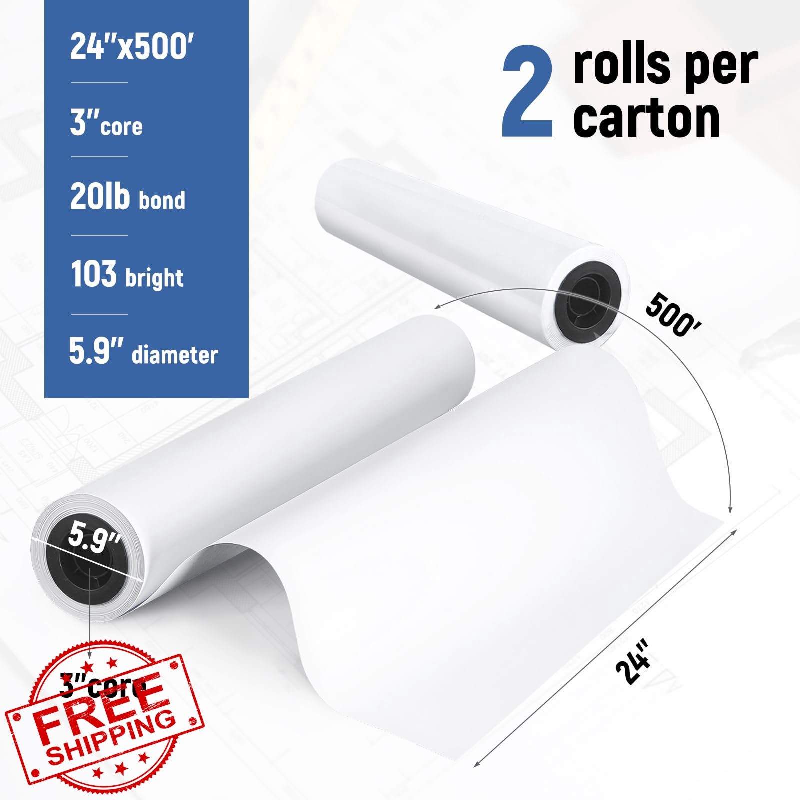 Goefun 24″x500′ Plotter Paper 2 Rolls Wide Format 3″ Core Inkjet