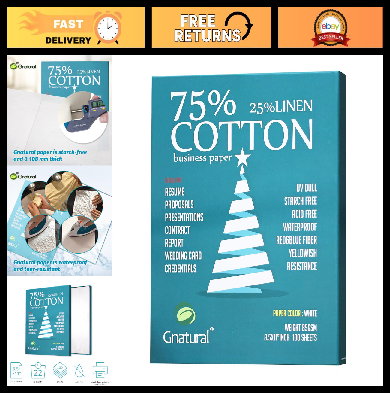 85gsm Inkjet Printing Paper – 75% Cotton 25% Linen, 8.5″x11″, 100 Sheets, Water-
