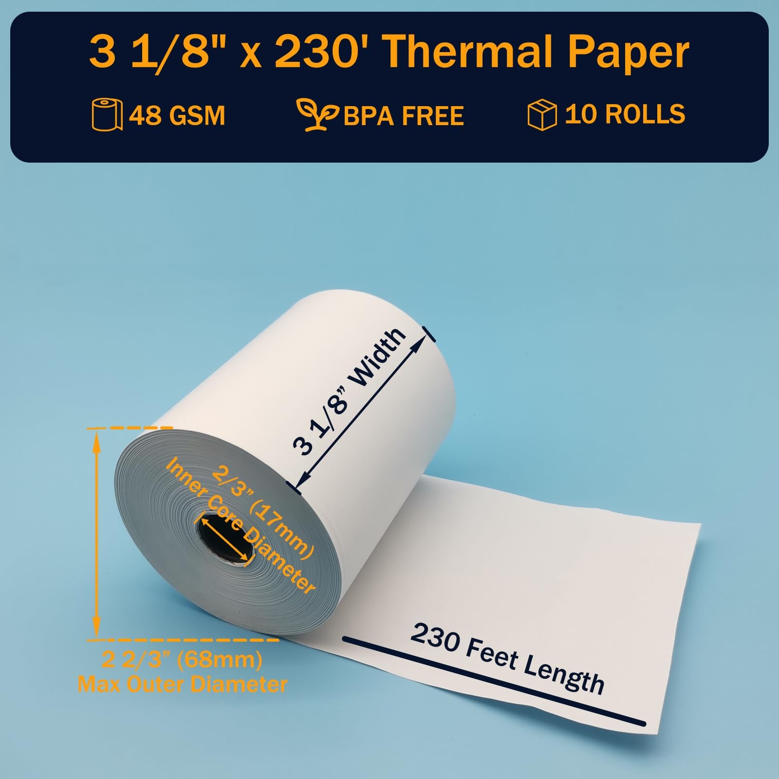 (10 Rolls) 3 1/8 x 230 Thermal Paper Rolls, BPA Free 10 white