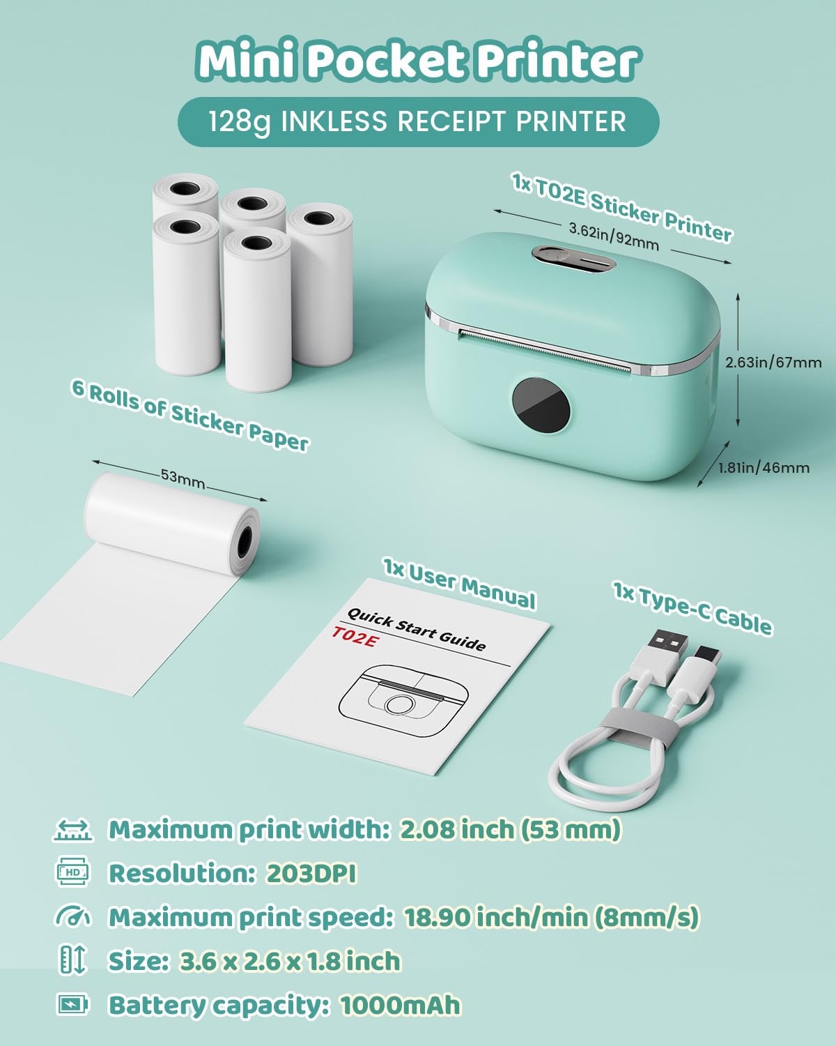 HiHTV Mini Sticker Printer – T02E Thermal with 6 Rolls, Green