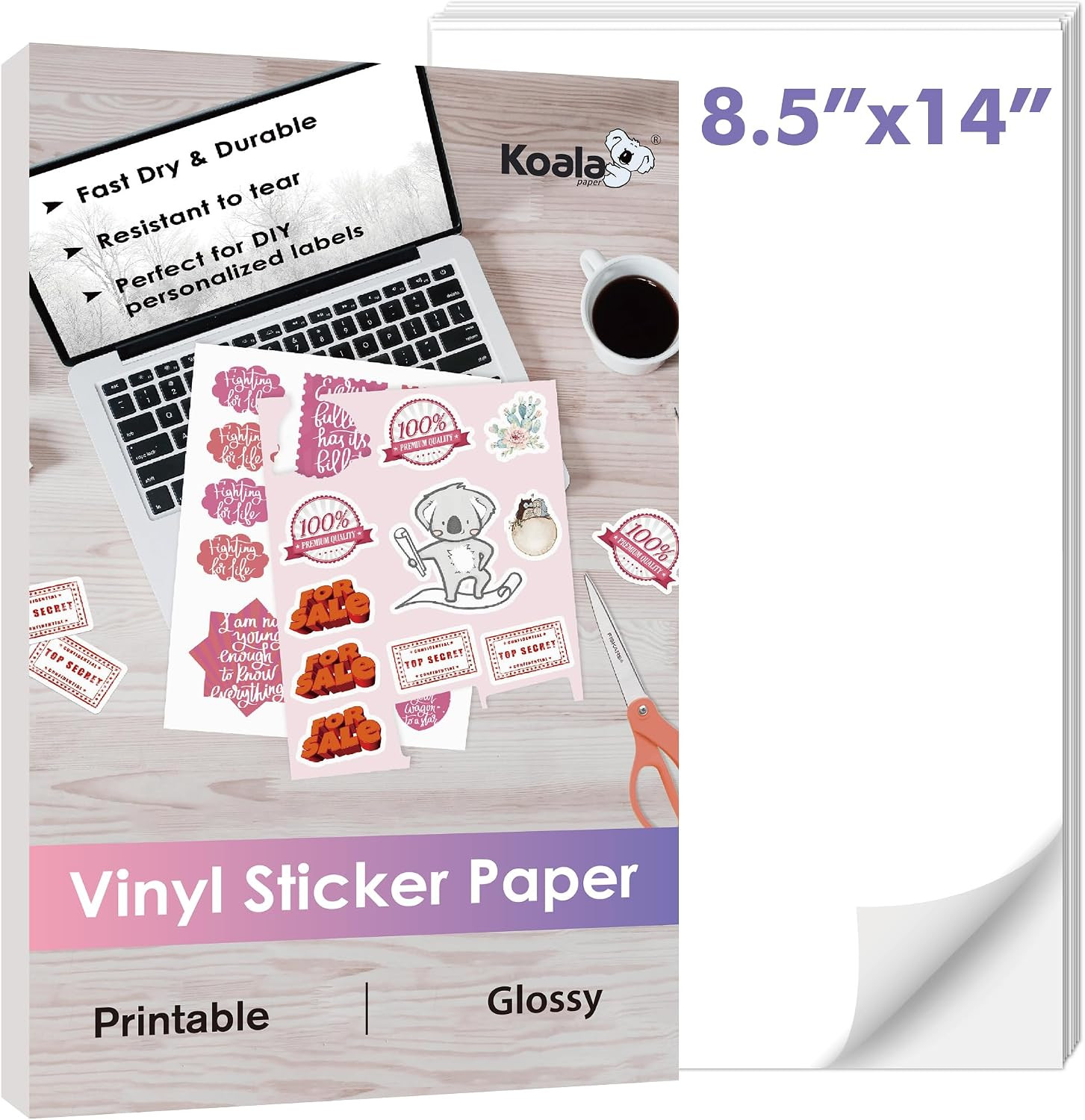 Printable Vinyl Sticker Paper for Inkjet Printers, 8.5X14 Inch 20 Sheets Glossy