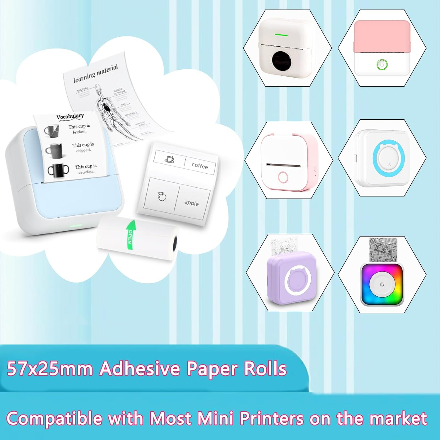 10 Rolls Mini Printer Sticker Paper Refill for Most Mini Thermal Printers, 57 x
