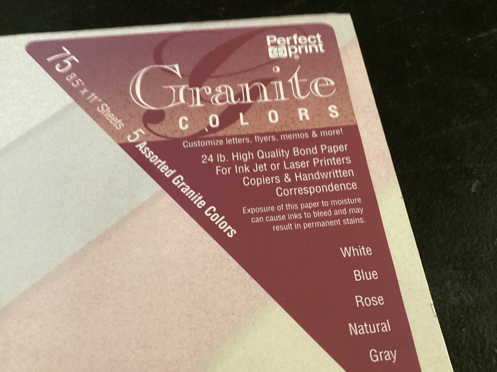 New Pack of Perfect Print Granite Colors Paper, white, blue,rose,natural,gray