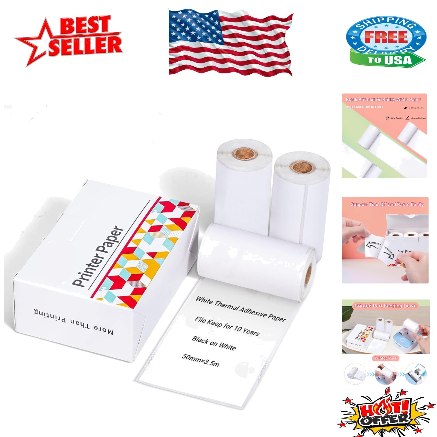 3 Pack of Eco-Friendly Thermal Sticker Paper – 50mm x 3.5m for Journals & Photos