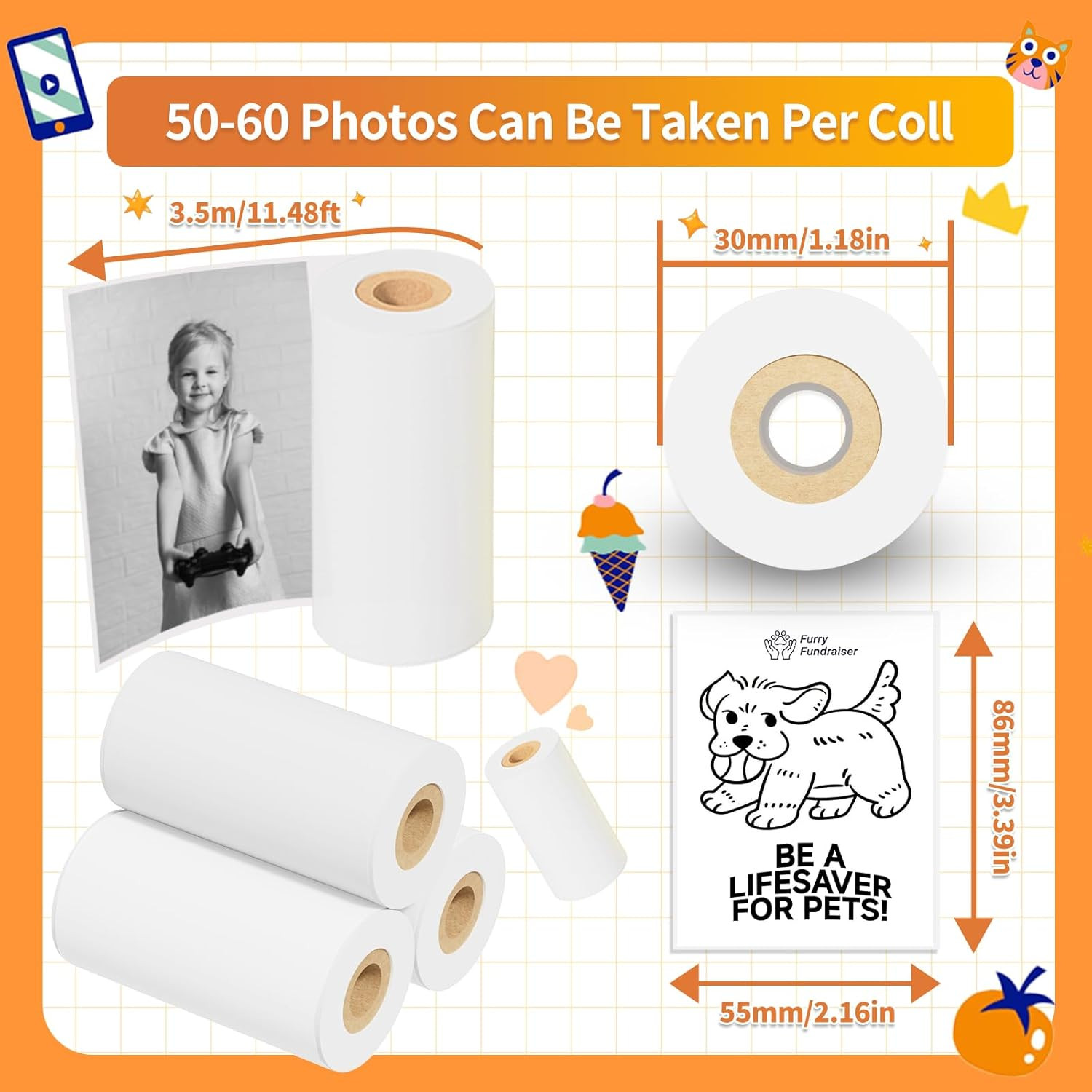 Mini Thermal Sticker Paper 57x29mm 3 Rolls (White)