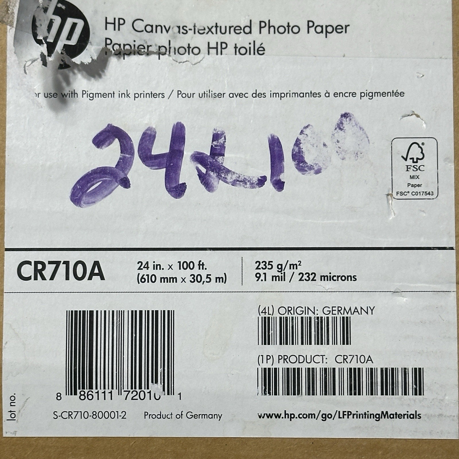 HP CANVAS-TEXTURED PHOTO PAPER 24 X100 CR710A