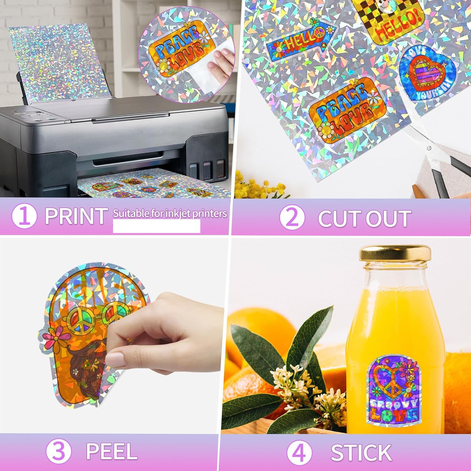 100x Mixed Holographic Vinyl Sticker Paper Waterproof Glossy For Inkjet Printer