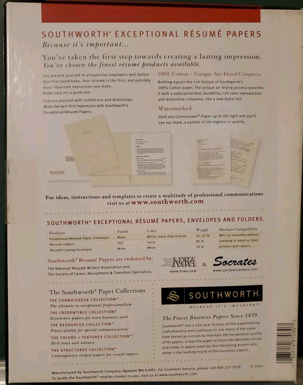Southworth Connoisseur Collection Exceptional Resume Ivory Paper 100% cotton