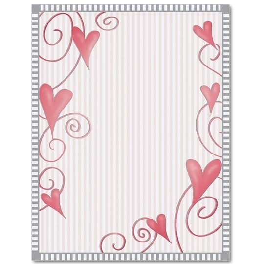 25 Vintage Valentine Hearts Paper Letterhead, 8.5 x 11 Pink Red Heart Stationery