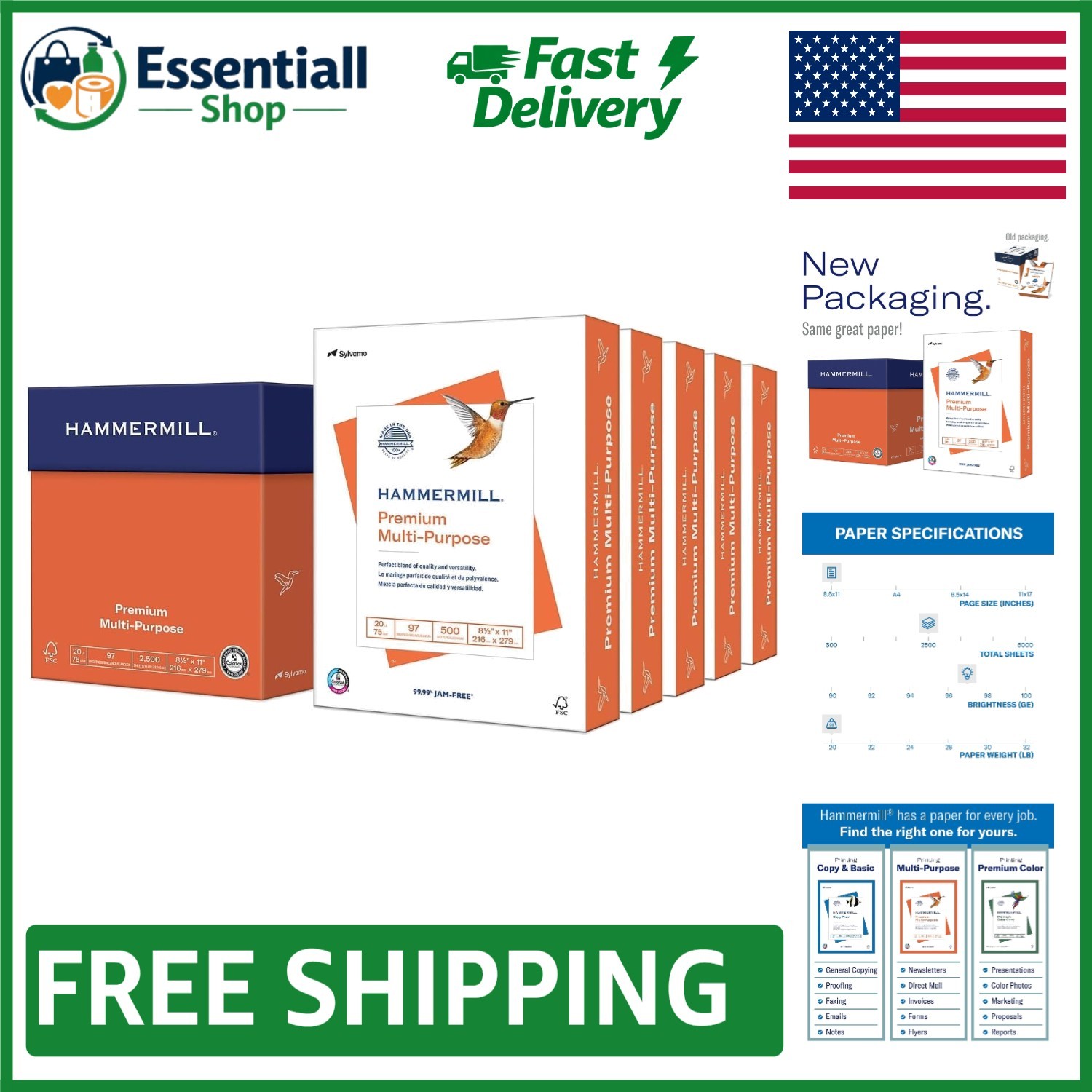 High-Quality 20 lb Copy Paper, 8.5 x 11 – 2500 Sheets – Jam-Free & Bright Finish