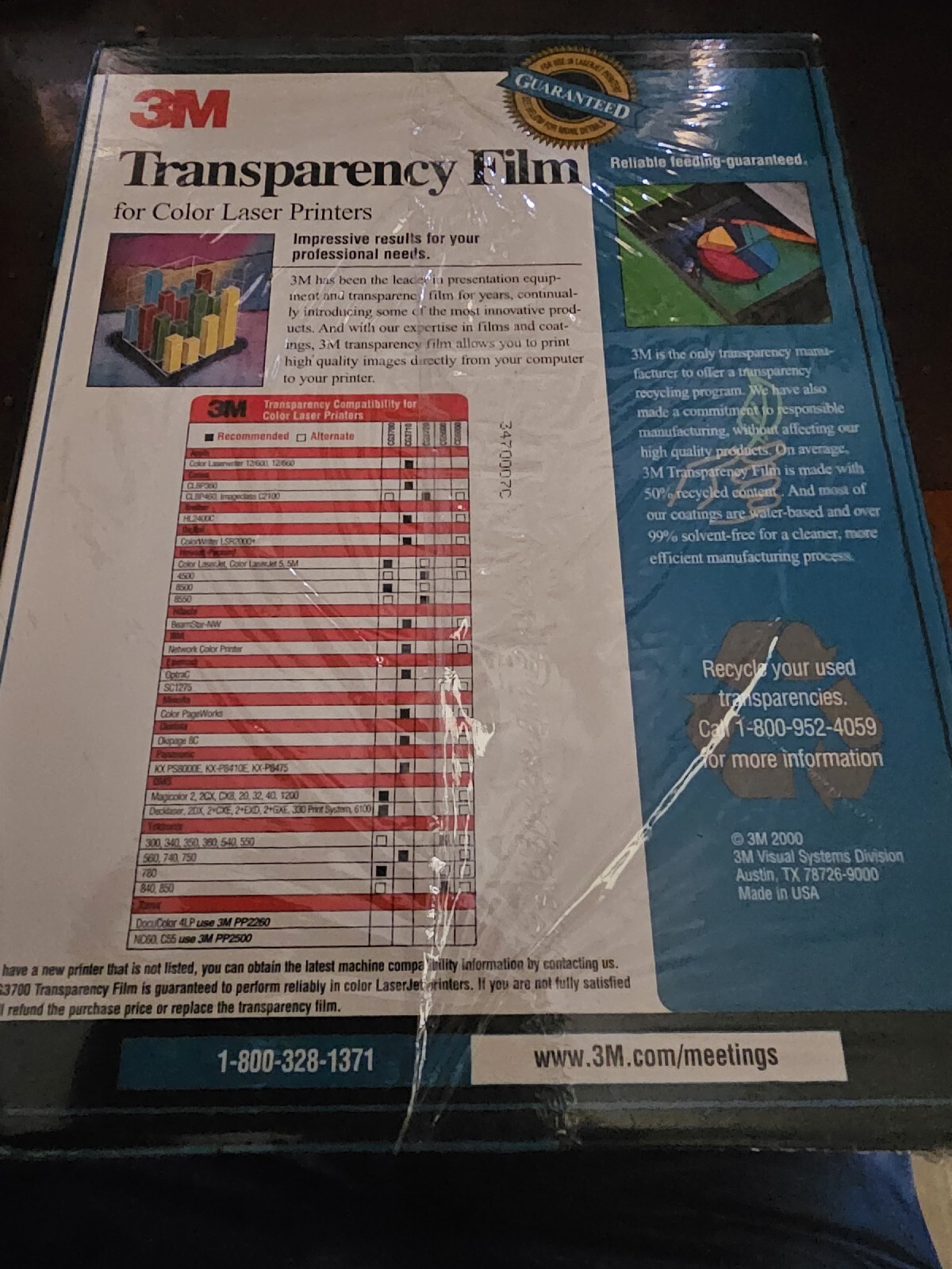 NEW 3M Transparency Film For Color Laser Printers HP CG3700 50 Sheets 8.5″ x 11″