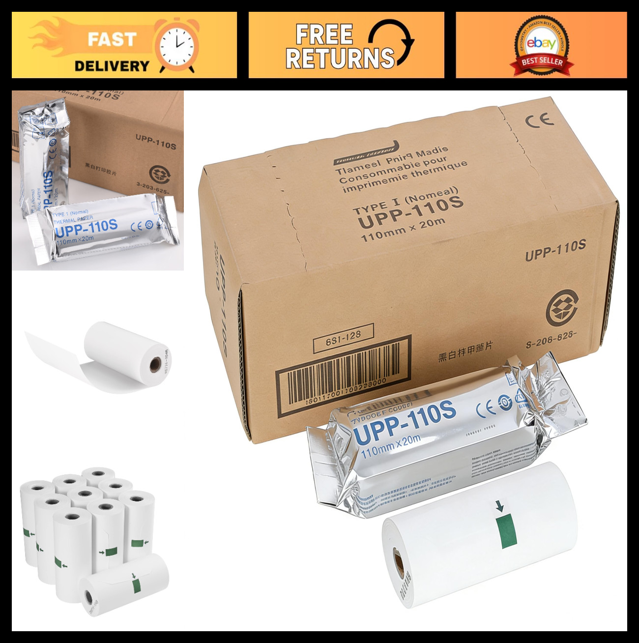 10 Rolls Black & White Thermal Ultrasound Paper Film 110mm x 20m – Type I Media