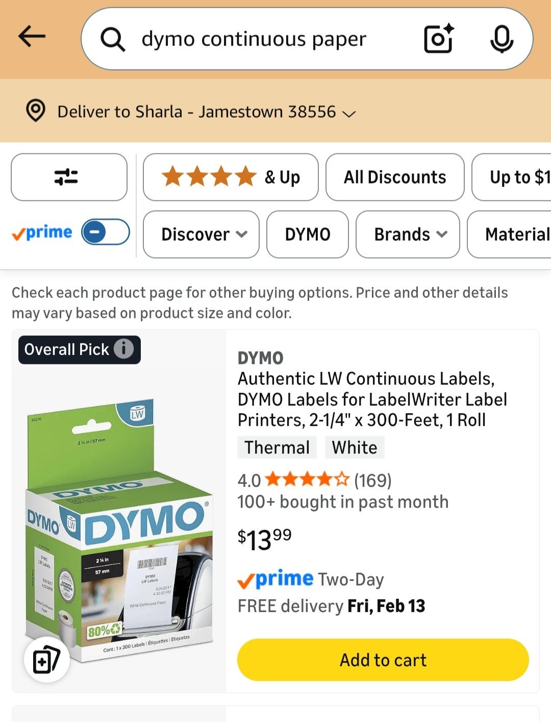 DYMO LabelWriter Continuous-Roll Receipt Paper 2-1/4″ x 300 White model # 30270
