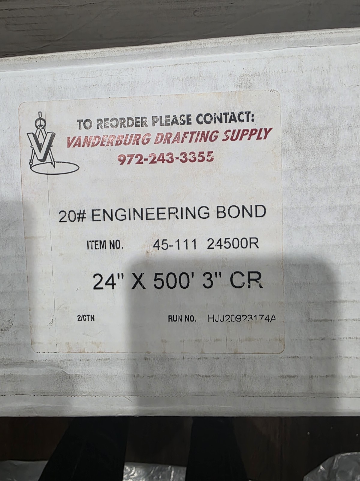 20LB Engineering Bond 24” x 500′ 3” CORE- single rolls 4383V261