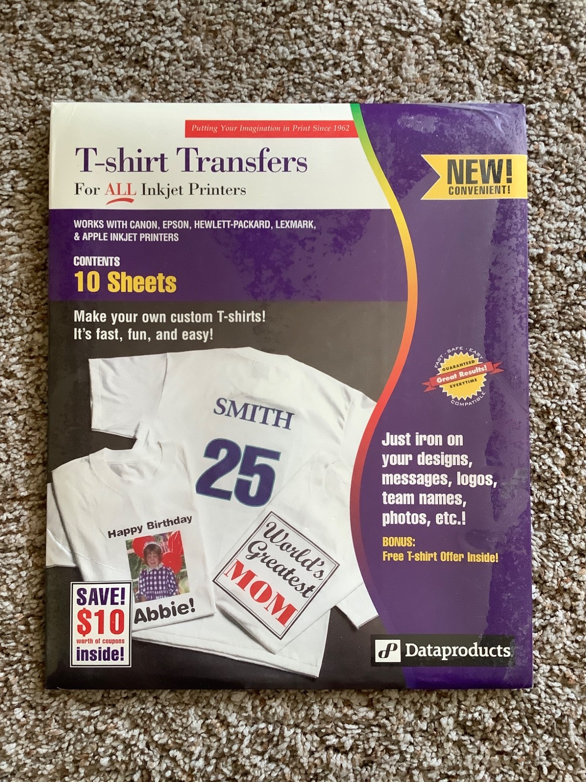 T-SHIRT TRANSFER PAPER For Inkjet Printers Dataproducts 10 Sheets NEW Lot of 7