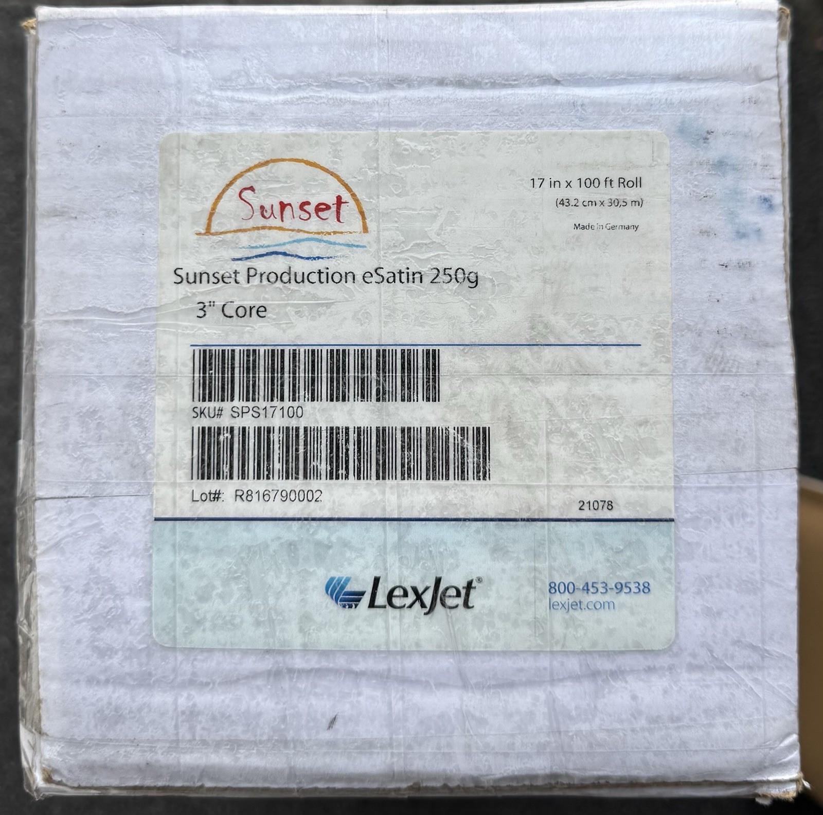 LEXJET SUNSET PRODUCTION ESATIN 250G 3” CORE 17”X 100 FT ROLL NEW IN BOX