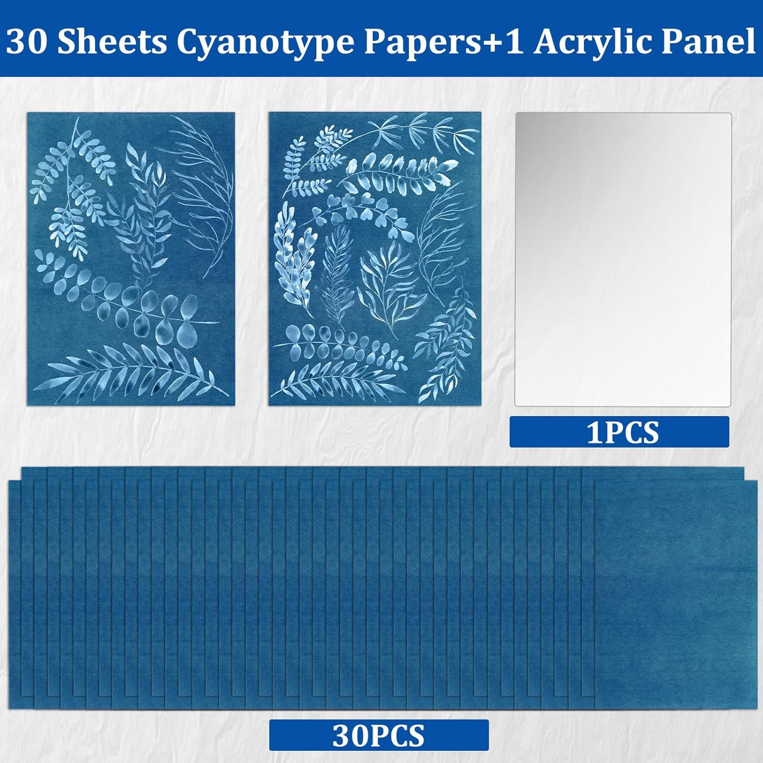 30 Pcs Cyanotype Paper, Sun Print Paper Kit with Acrylic Board Solar Activated A