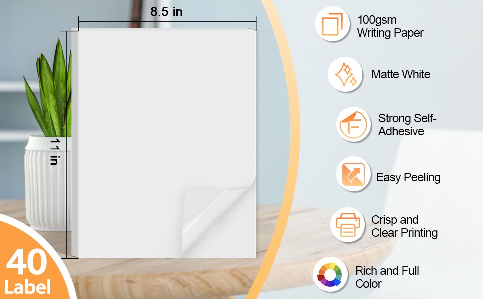 Printable Sticker Paper for Inkjet Printer, 40 Sheets 8.5″x11” Matte Sticker