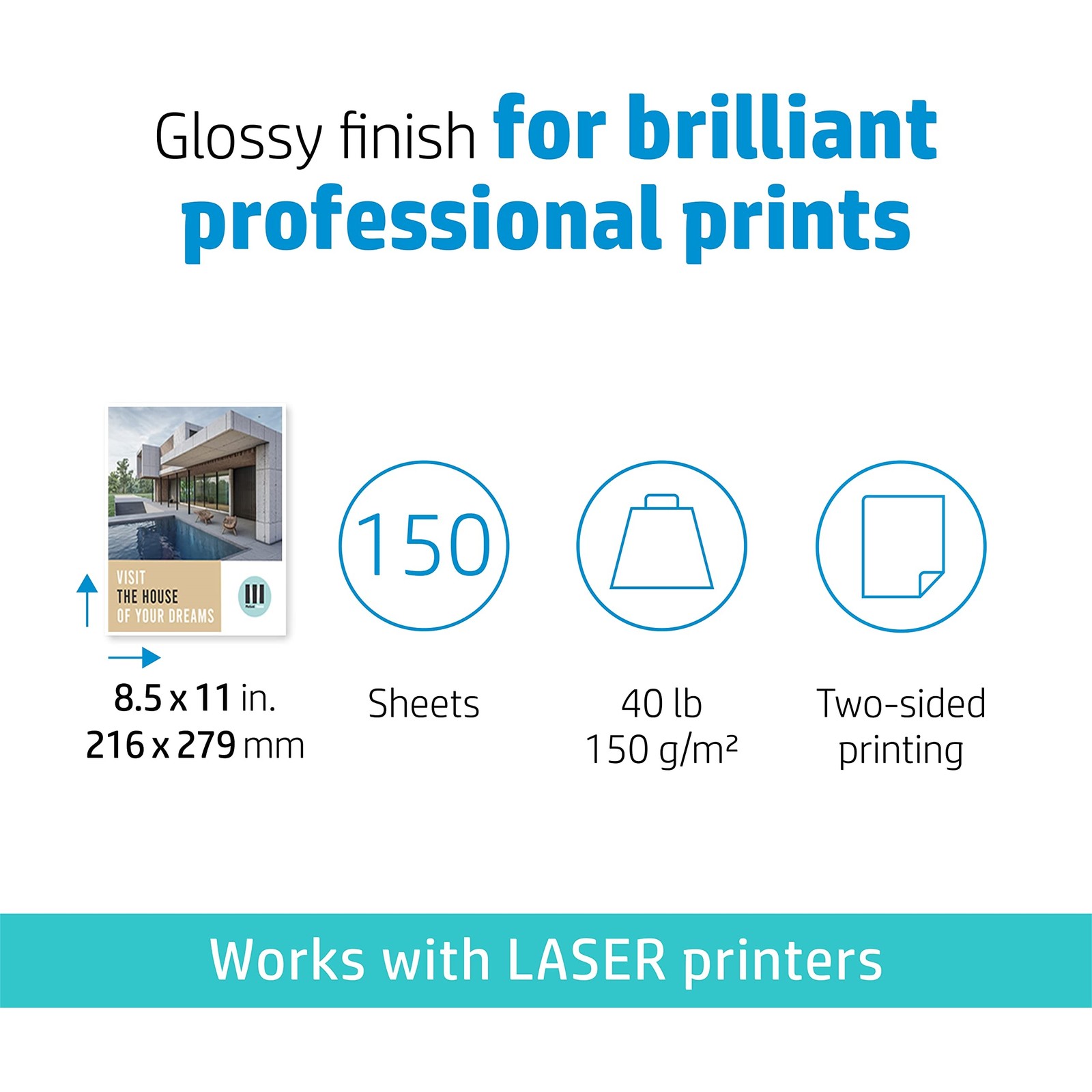 HP Color Laser Glossy Brochure Paper 97 Bright 40lb 8.5×11 White 150/Pack Q6611A