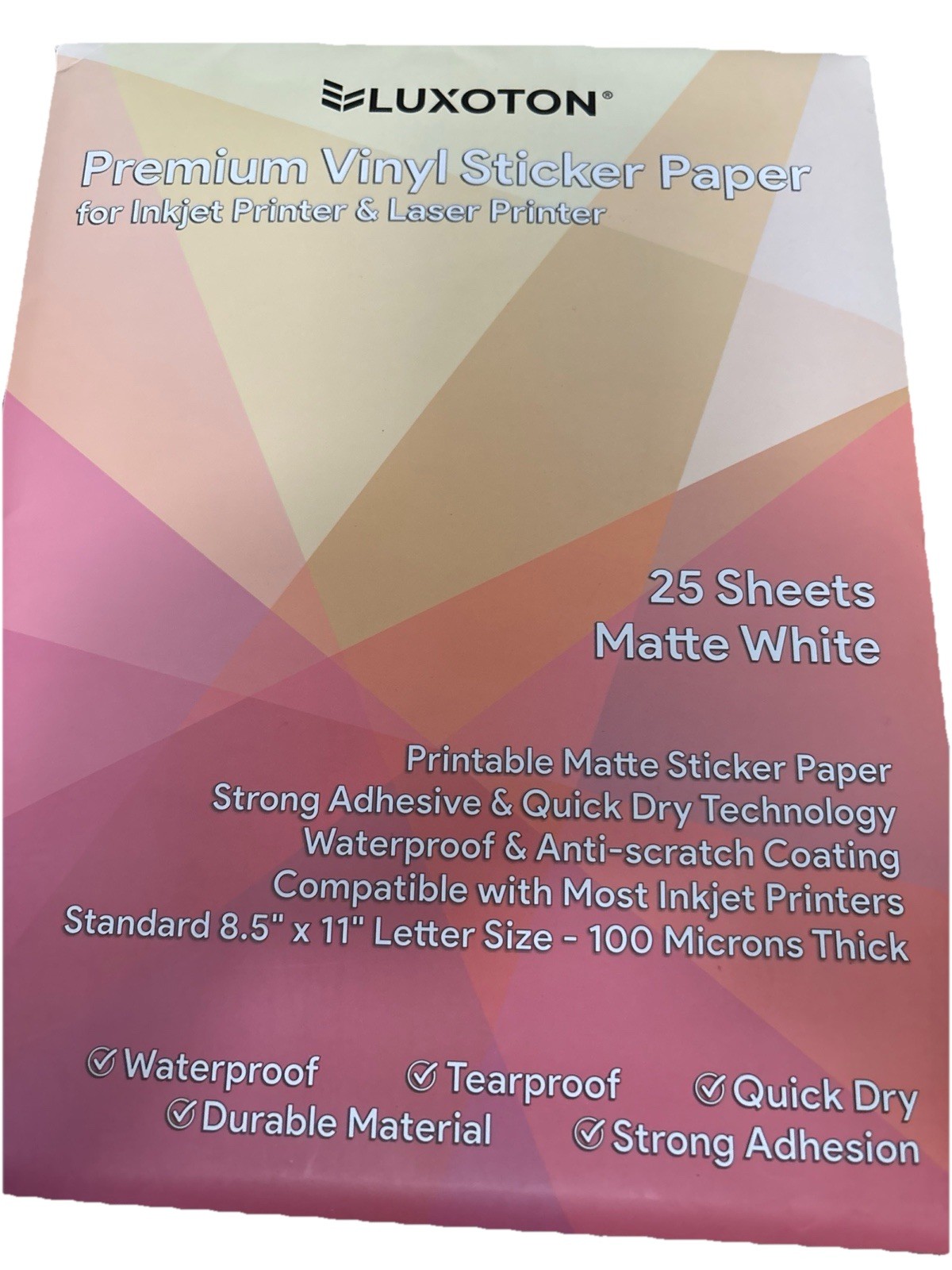 Vinyl Sticker Paper Matte White 25 Sheets for Inkjet Laser Waterproof 8.5×11”