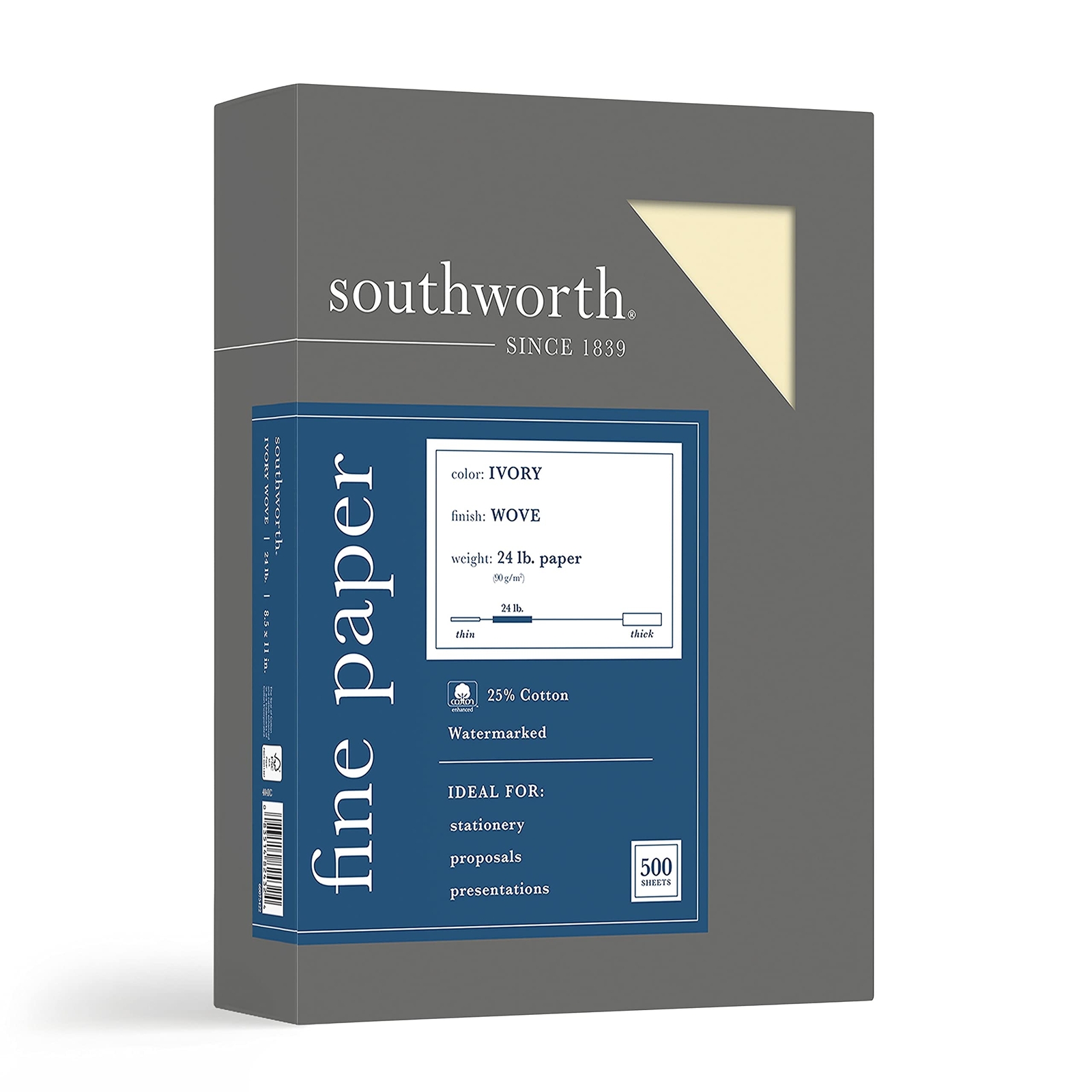 Southworth 25% Cotton Business Paper 8.5” x 11″ 24 lb/90 GSM Wove Finish Ivor…