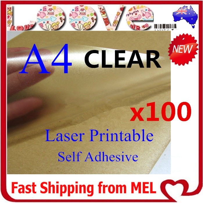 100 x A4 Clear Transparent Glossy Self Adhesive Sticker Paper Label Laser Print