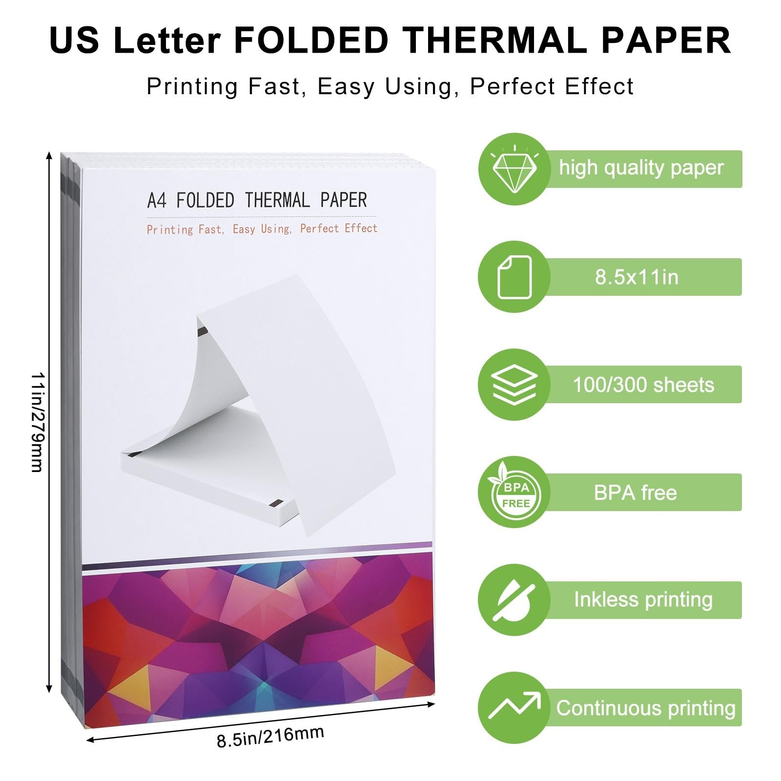 8.5×11 A4 Thermal Printer Paper – BPA/BPS-Free, Continuous, 300 Sheets, Compatib