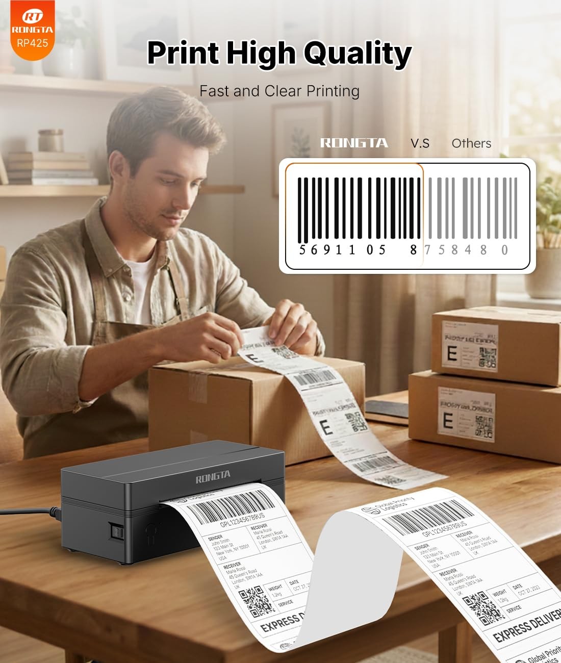 Rongta Bluetooth Thermal Shipping Label Printer, Wireless 4×6 Small, Black