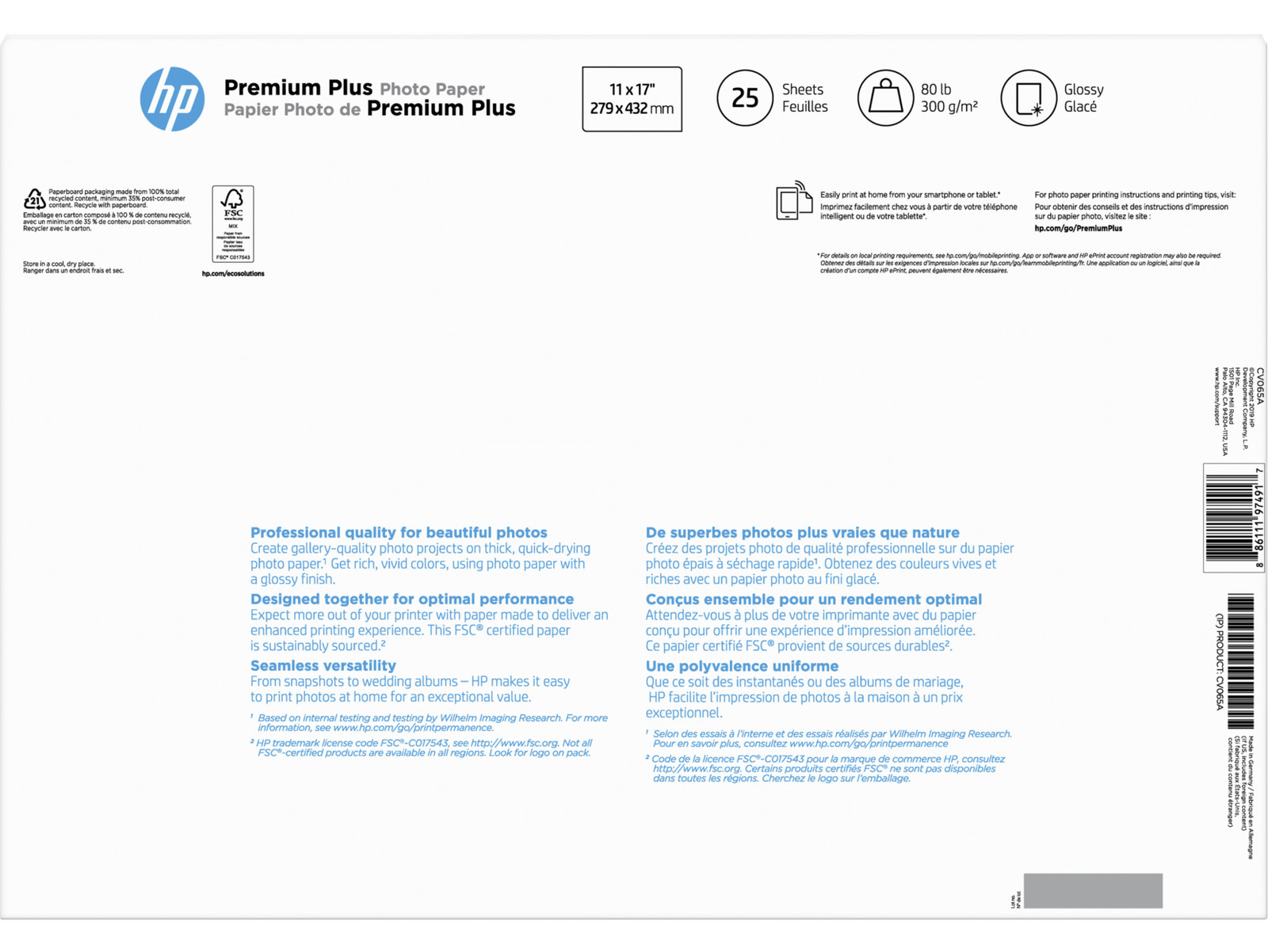 HP Premium Plus Glossy Photo Paper | 25 Sheets | Tabloid | 11 x 17 in | CV065A