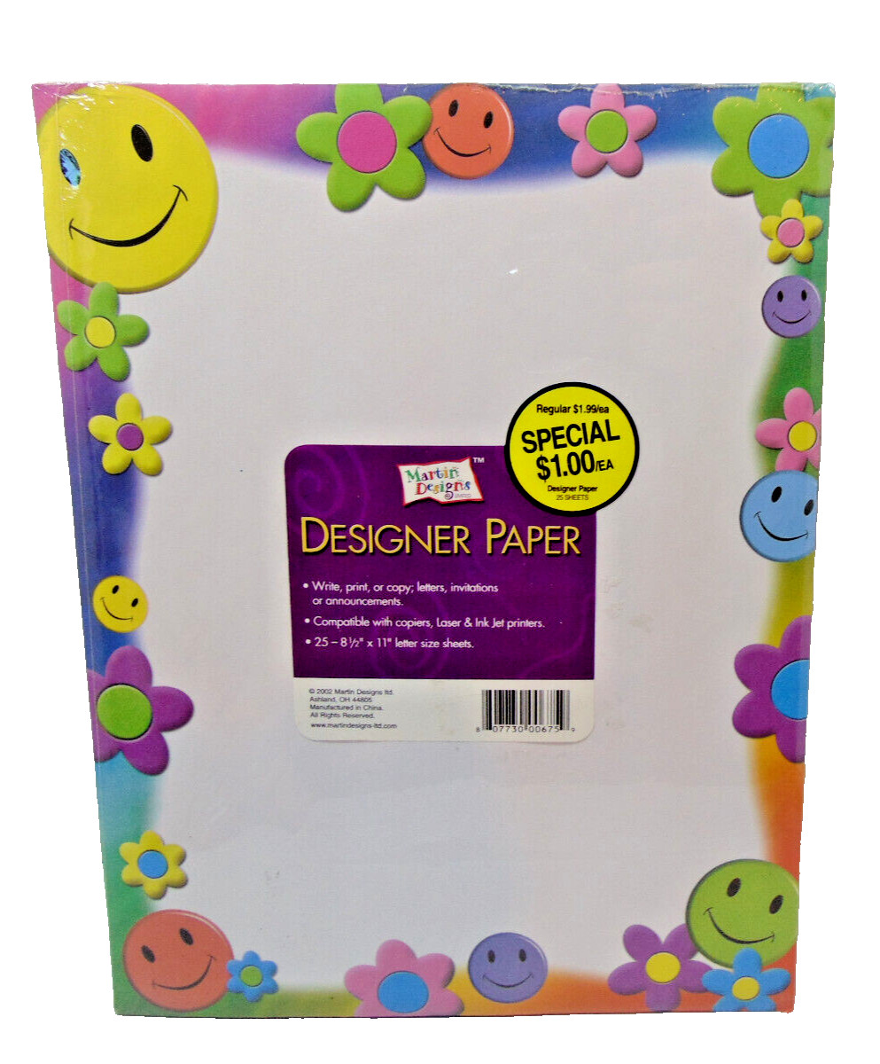 Vtg. Martin Designs Designer Paper Smiley Faces Flowers 25shts Sealed pack 2002