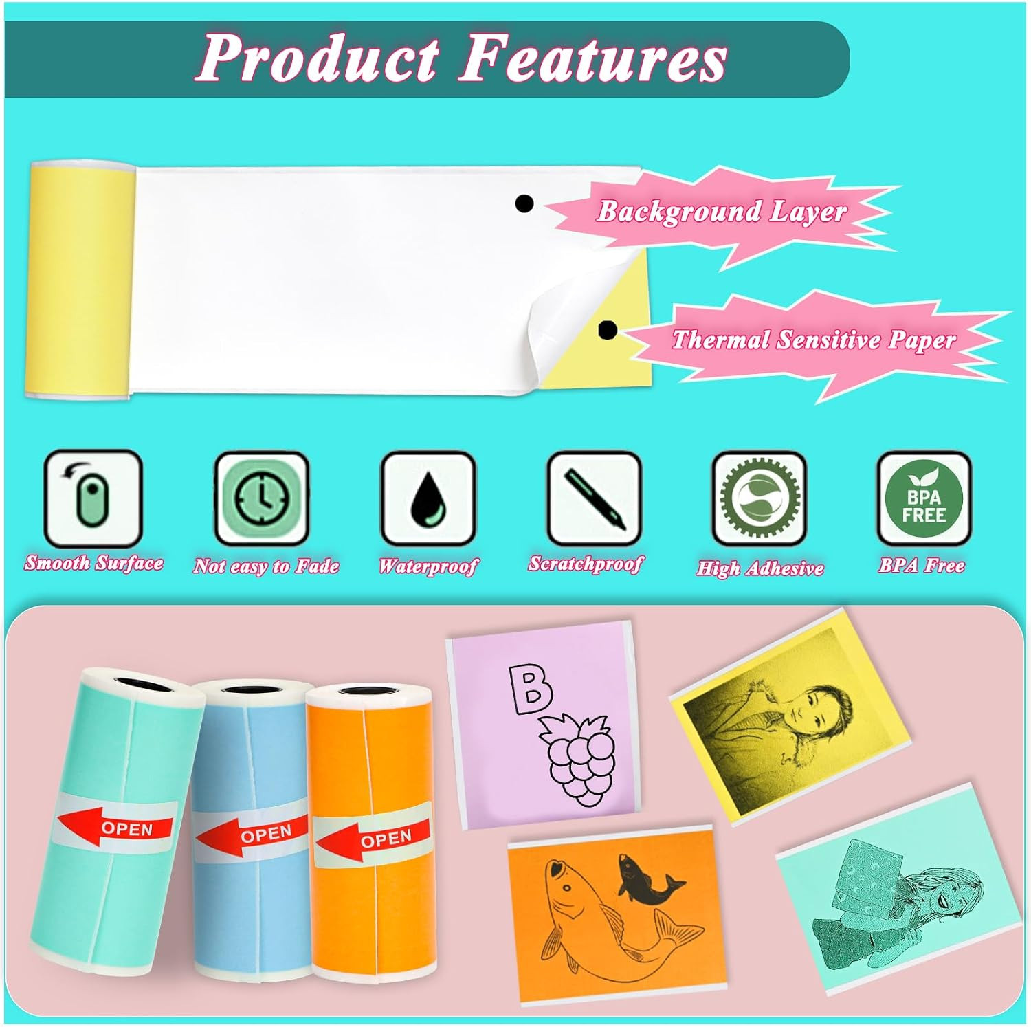 10 Rolls Colorful Mini Thermal Printer Paper Refill for Most Mini Printers, 57