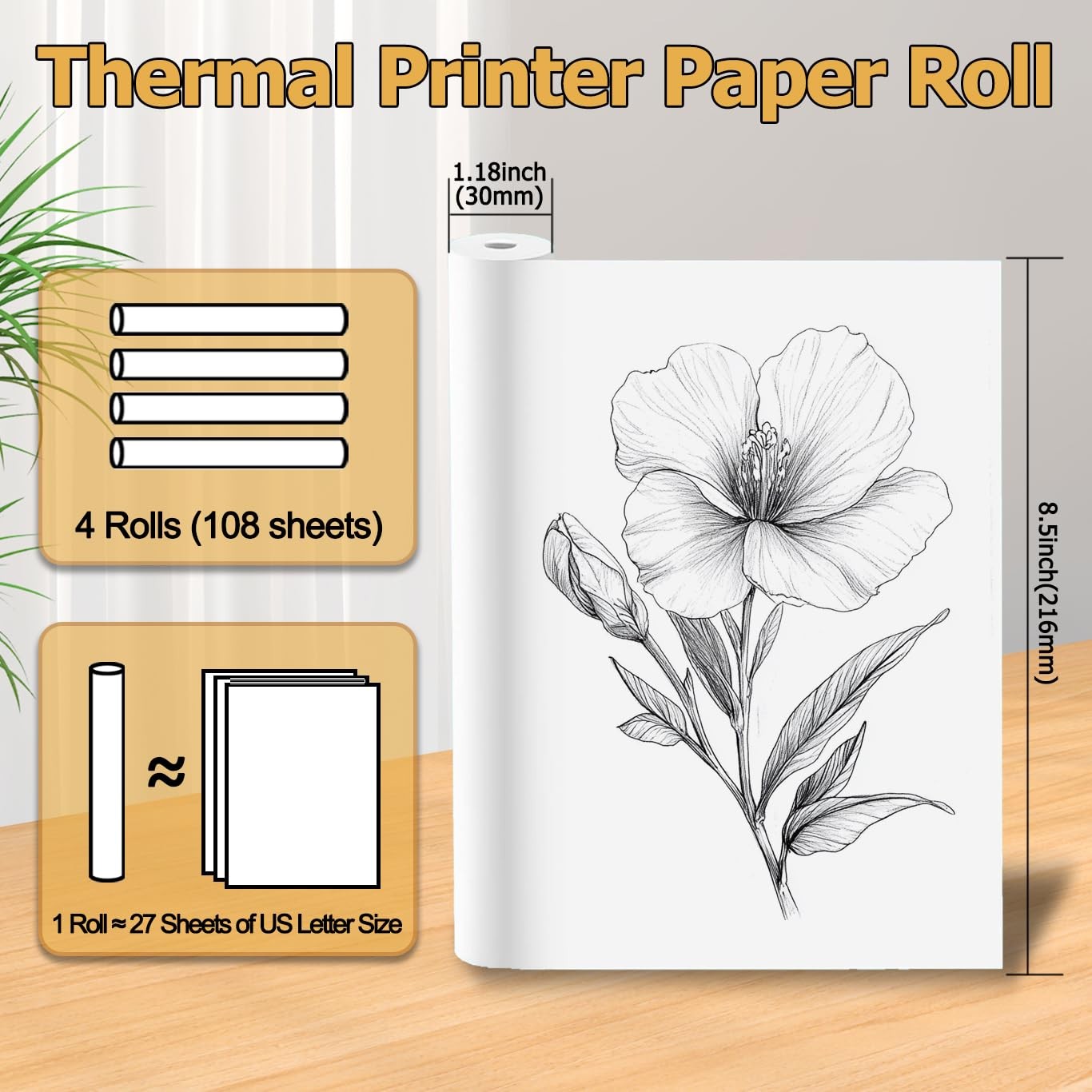 4 Rolls Thermal Paper 8.5’’ x 11’’ for Portable Printer, 8.5 Inches, White