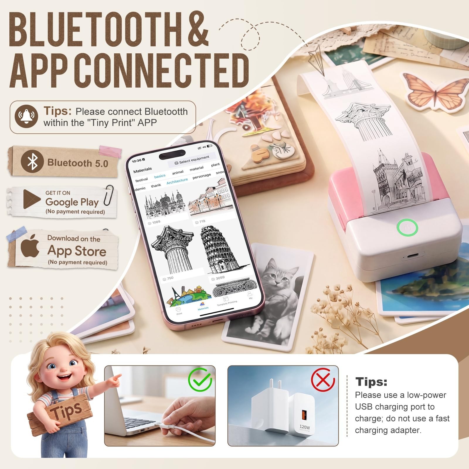 Mini Pocket Printer – Inkless Sticker Printer with 10 Thermal Rolls, DIY Gift Se