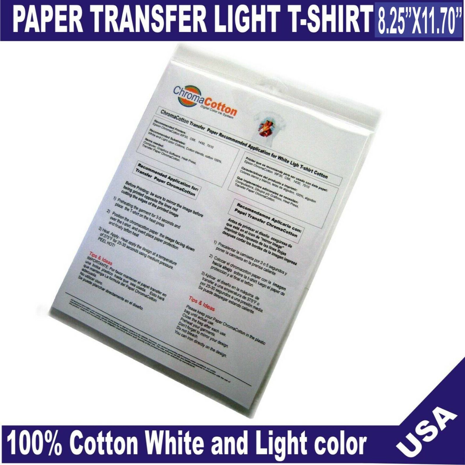 25 Sheets ChromaCotton Transfer Paper 8.5×11 Light White T-shirt 100%Cotton