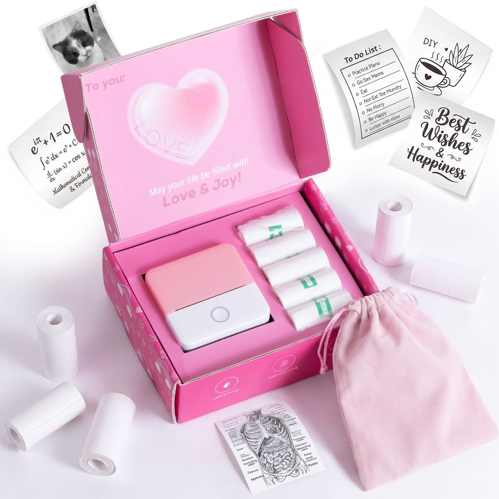 Mini Pocket Printer – Inkless Sticker Printer with 10 Thermal Rolls, DIY Gift Se