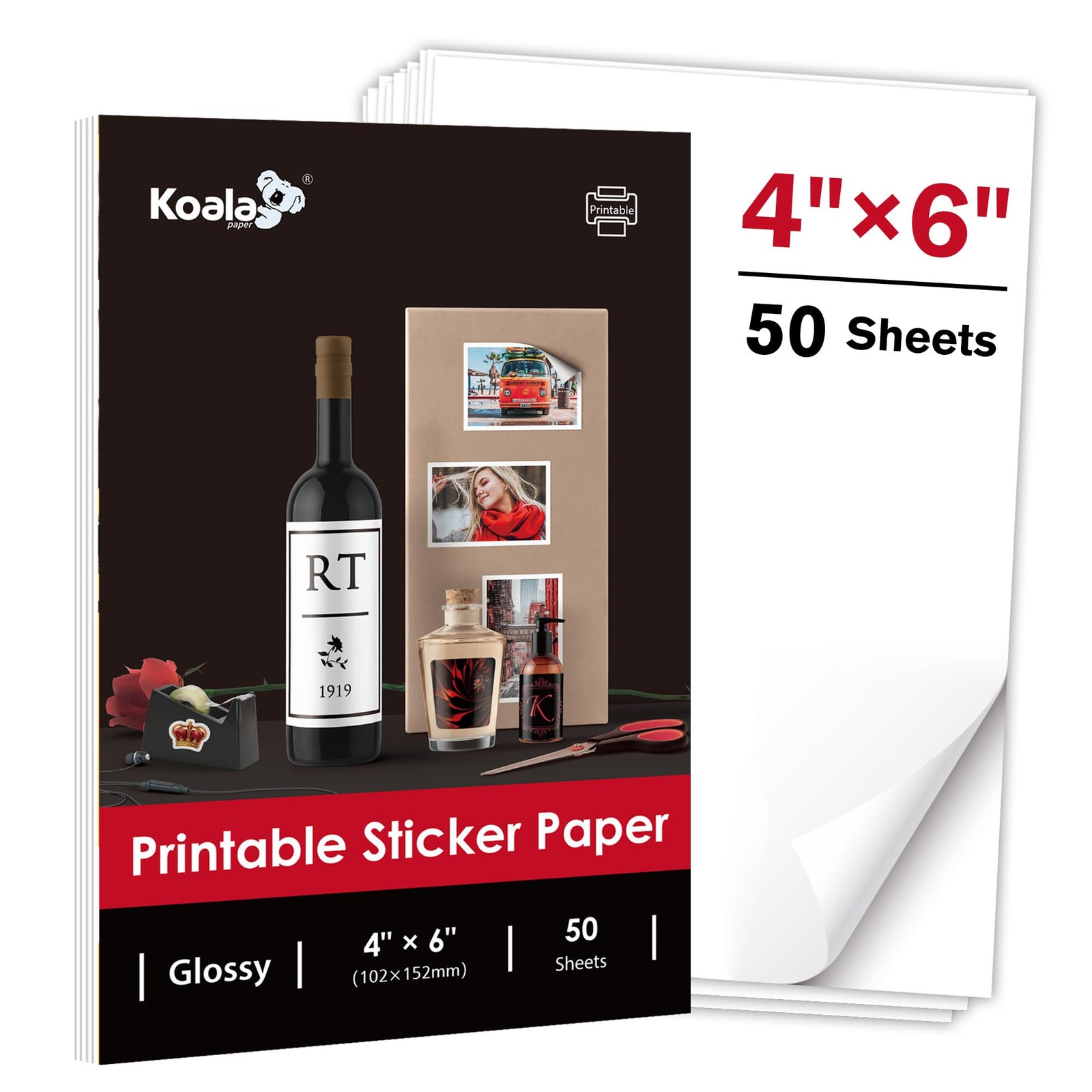 Koala 4×6 Inch Glossy Sticker Paper for Inkjet and Laser Printer, 50 Sheets W…