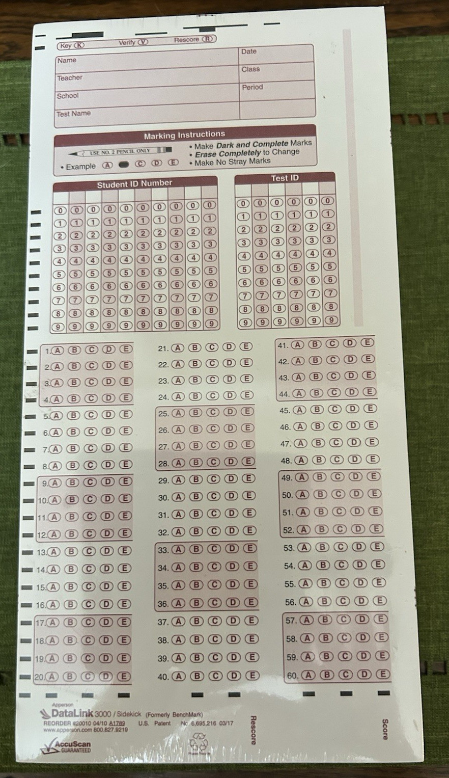 Apperson DATALINK 3000 (BenchMark) Qty. 500 – Data 60-Answer Sheet Forms-#20010